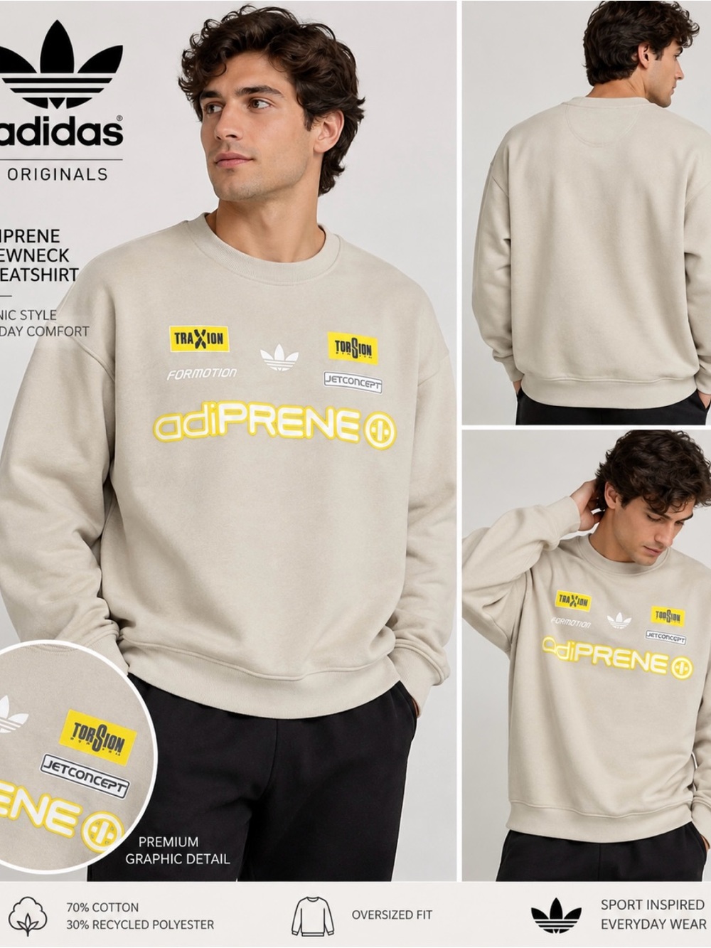 adidas Men’s Beige Crewneck Sweatshirt with Yellow Logo Panels Size Medium